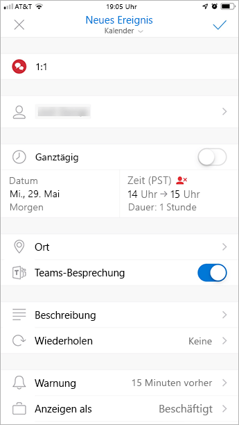 Screenshot des Teams-Besprechungs-Add-Ins in Outlook Mobile.