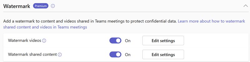Screenshot der Wasserzeichenrichtlinien für Teams-Besprechungen im Teams Admin Center.