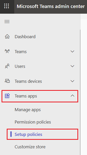 Screenshot des Microsoft Teams Admin Centers mit rot hervorgehobenen Teams-Apps und Setuprichtlinien.