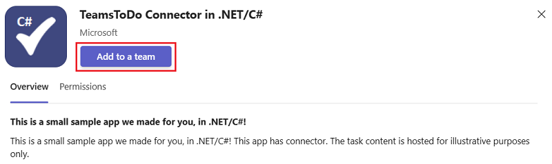 Screenshot von TeamsTodo Connector in .NET/C# mit rot hervorgehobener Option 