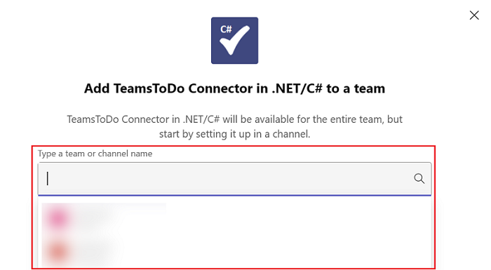 Screenshot: TeamsTodo Connector in .NET/C# für ein Team mit rot hervorgehobener Option 