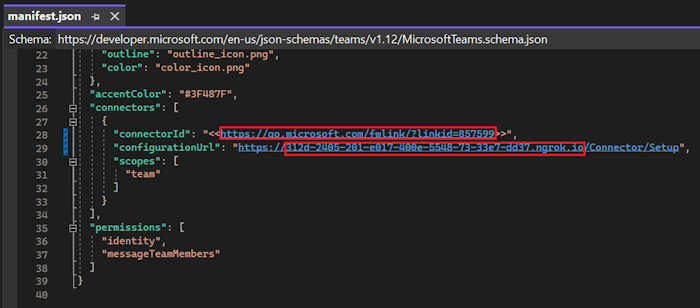 Screenshot von Visual Studio mit rot hervorgehobener Connector-ID und gültiger Domäne nach den erforderlichen Updates.