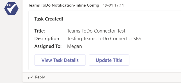 Screenshot: Teams ToDo Notification-Inline Config mit den Details der erstellten Aufgabe