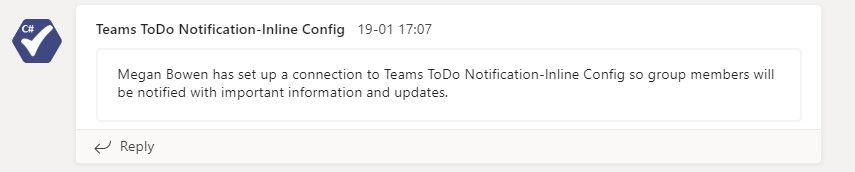 Screenshot der Inlinekonfiguration der Teams ToDo-Benachrichtigung mit der Bestätigung der Einrichtungsdetails der Teams-ToDo-Benachrichtigung inline-Konfiguration.