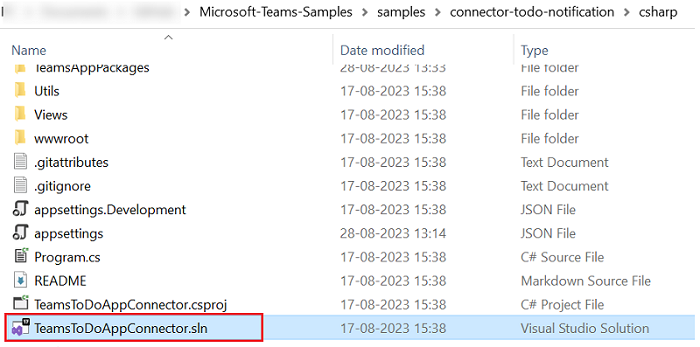 Screenshot: geklontes Repository mit rot hervorgehobener TeamsToDoAppConnector.sln