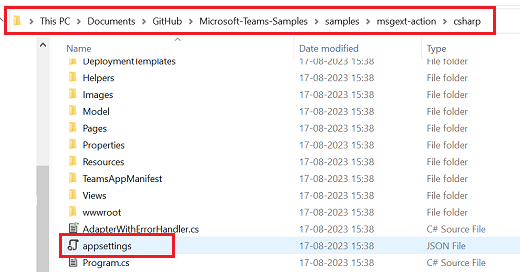 Screenshot des geklonten Repositorys mit rot hervorgehobenem Dateipfad und JSON-Datei für appsettings