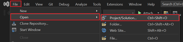 Screenshot von Visual Studio mit rot hervorgehobenem Projekt/Projektmappe
