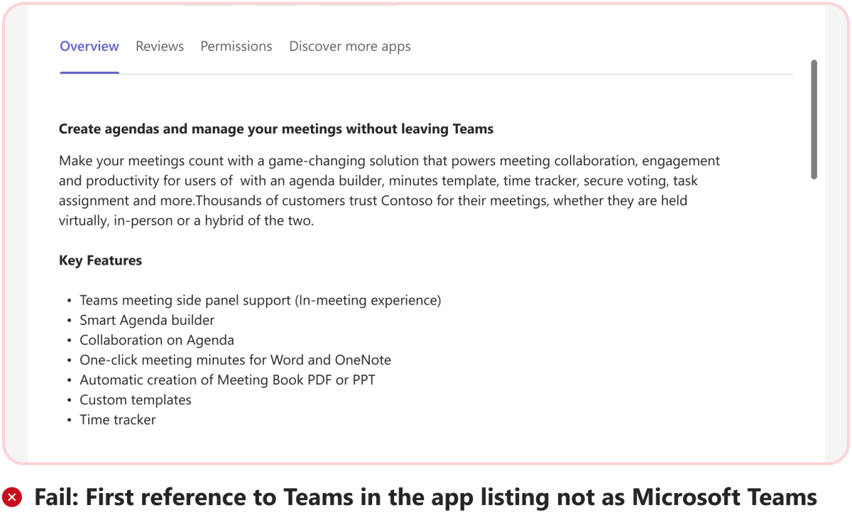 Die Grafik zeigt ein Beispiel für einen falschen Verweis auf Teams in der App-Beschreibung.