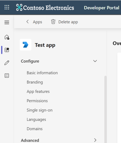 Der Screenshot zeigt, wie Sie Features konfigurieren, um Ihre App im Entwicklerportal zu verwalten und darauf zuzugreifen.