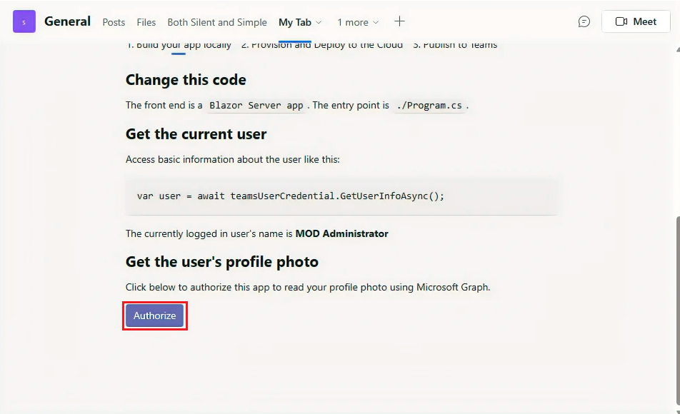Screenshot: Option zum Autorisieren von Benutzerdetails in Ihrer Registerkarten-App