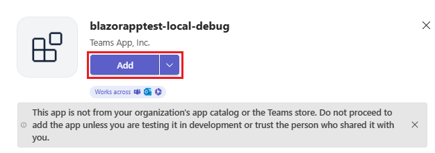 Screenshot: Option zum Hinzufügen Ihrer Blazor-App in Teams