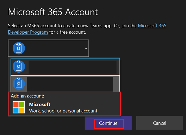 Screenshot: Option zum Auswählen eines Microsoft 365-Kontos
