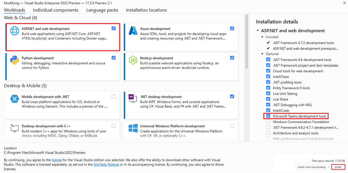 Screenshot: Visual Studio Enterprise Vorschau mit rot hervorgehobener Option Asp.NET, Webentwicklung und Microsoft Teams-Entwicklungstools unter Installationsdetails und Installation.