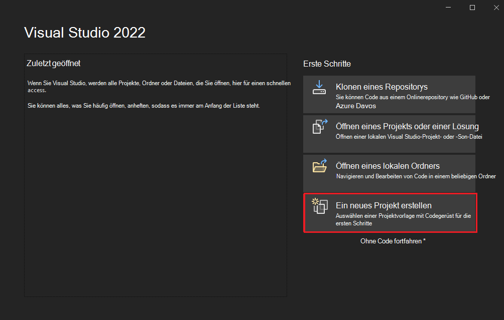 Screenshot: Visual Studio mit rot hervorgehobener Option 