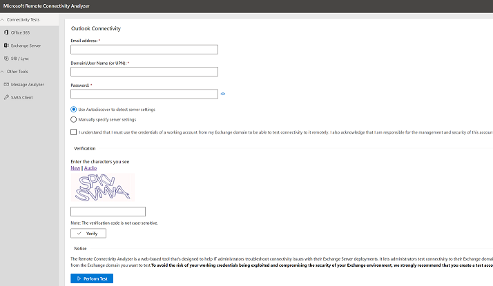 Screenshot der Outlook-Verbindungsseite von Microsoft Remote Connectivity Analyzer.
