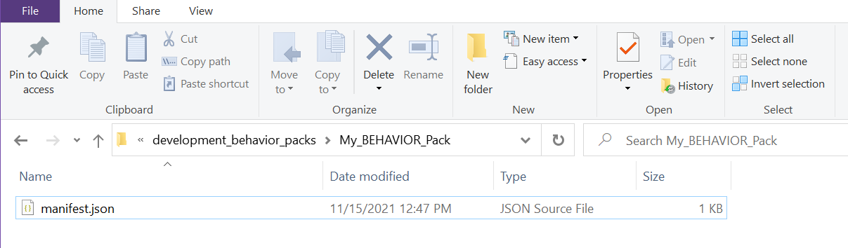 Abbildung der Datei manifest.json im Ordner My_BEHAVIOR_Pack