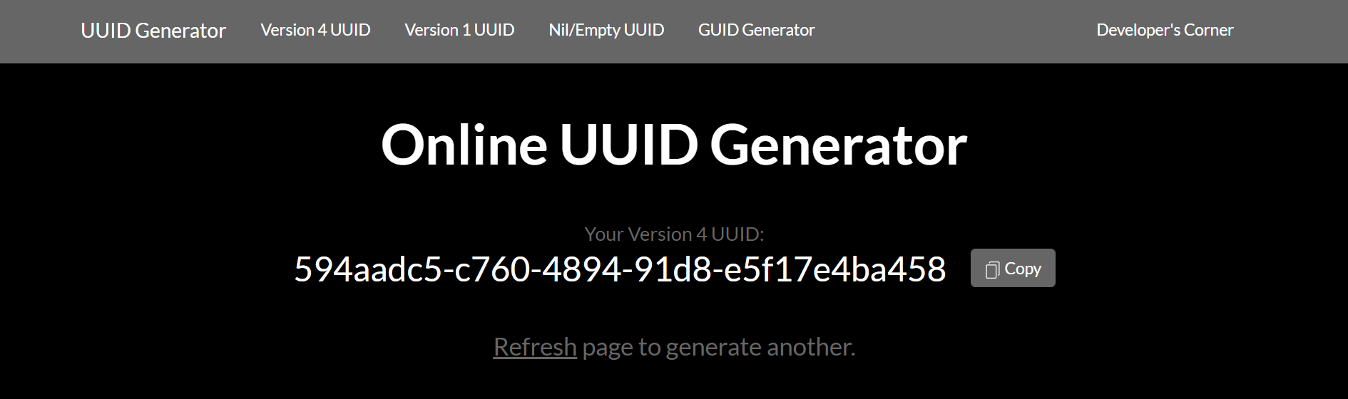 Bild des Startseitenbildschirms von UUIDGenerator.net mit einer generierten benutzerdefinierten UUID