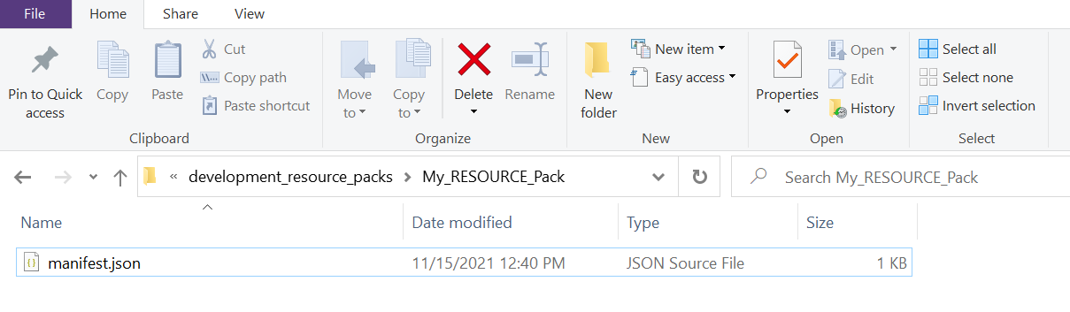 Abbildung der neu erstellten Datei namens manifest.json im Ordner My_RESOURCE_Pack