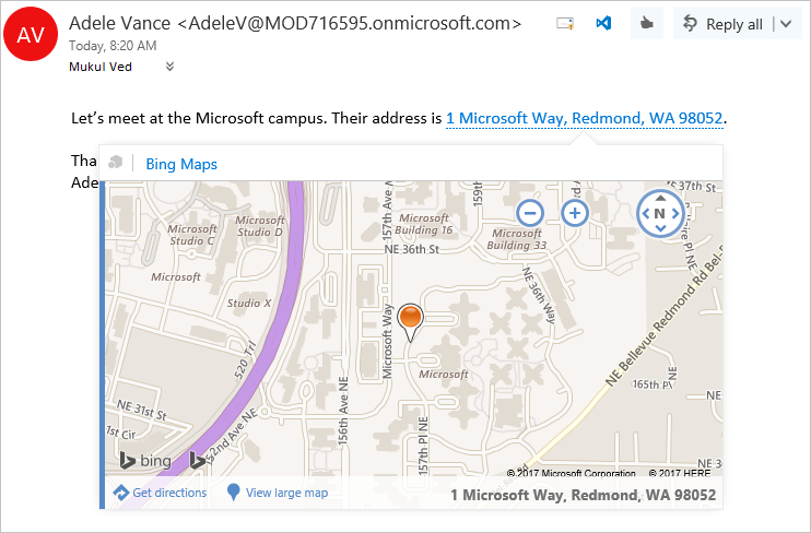 Zeigt eine hervorgehobene Adressentität und das aktivierte Bing Karten Add-In an.