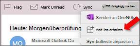 Outlook auf einem Mac, der auf die Schaltfläche "Add-Ins abrufen" aus der Schaltfläche mit den Auslassungspunkten verweist.