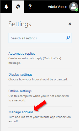Outlook im Web Screenshot, der auf die Option "Add-Ins verwalten" verweist.
