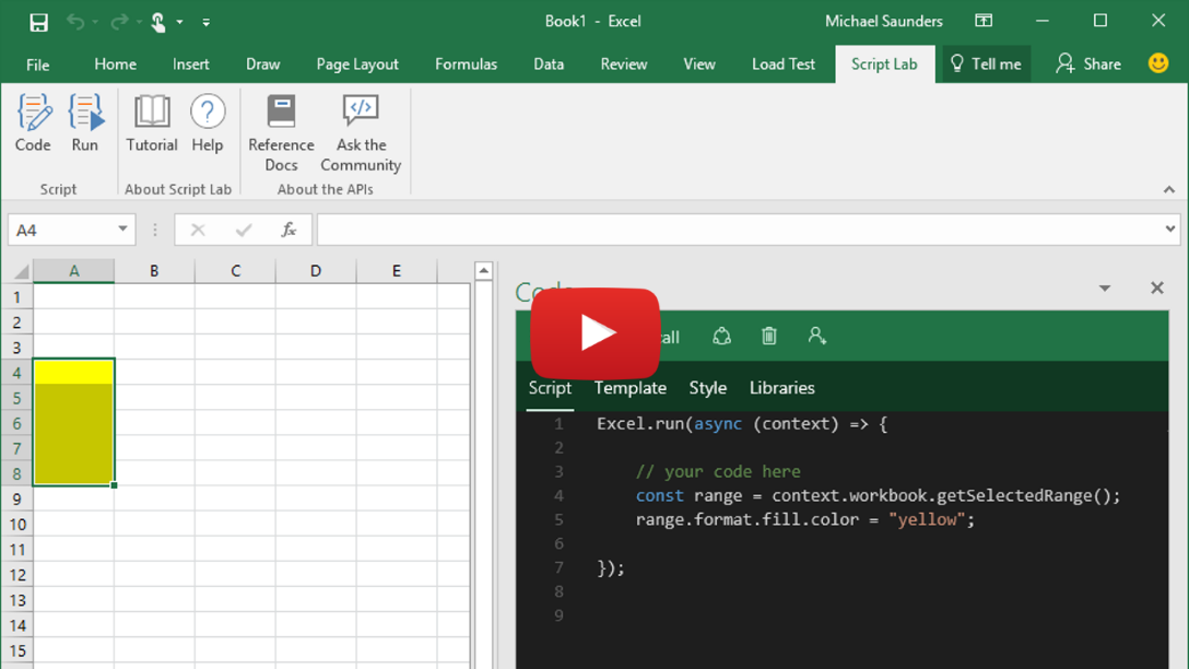 Kurzes Video, das zeigt, wie Script Lab in Excel, Word und PowerPoint ausgeführt werden.