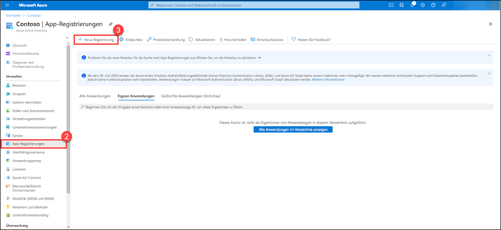 Seite „App-Registrierungen“ in Azure Active Directory