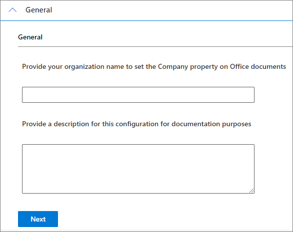 Screenshot der Seite zur Bereitstellung von Organisationsnamen und Konfigurationszwecken.