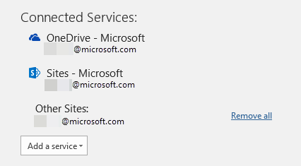 Screenshot des Entfernens aller Dienste für das vorhandene Konto unter „Verbundene Dienste“.