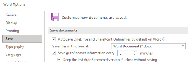 Screenshot, der den Abschnitt „Dokumente speichern“ in den Word-Optionen zeigt, wobei „AutoWiederherstellen“ auf alle fünf Minuten eingestellt ist.