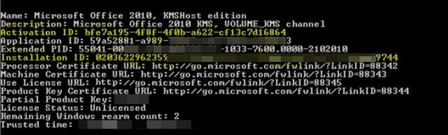 Screenshot des Skriptbefehlsergebnisses mit installierten Lizenzdateien.