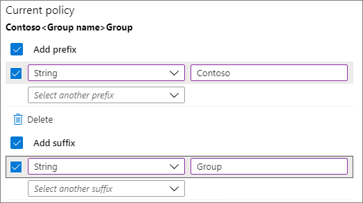 Screenshot der Gruppenbenennungsrichtlinieneinstellungen in Microsoft Entra ID.