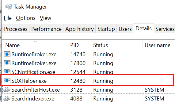 Screenshot: SDXHelper.exe Prozess im Task-Manager