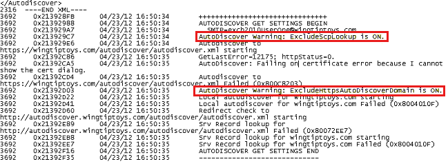 Der Screenshot zeigt die Protokolldatei, in der ExcludeScpLookup und ExcludeHttpsAutoDiscoverDomain beide aktiviert sind.