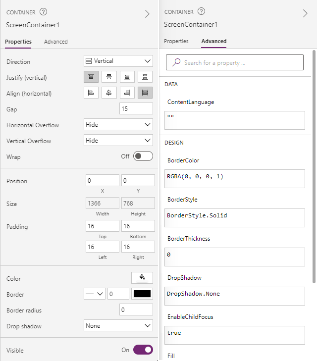 Screenshot mit dem Eigenschaftenbereich, der angezeigt wird, wenn Sie in Ihrer Canvas ein Objekt auswählen. „Erweiterte Eigenschaften“ ist eine Registerkarte im selben Bereich.
