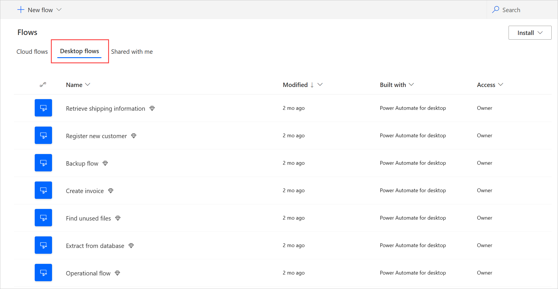Screenshot der Liste mit allen Desktop-Flows.
