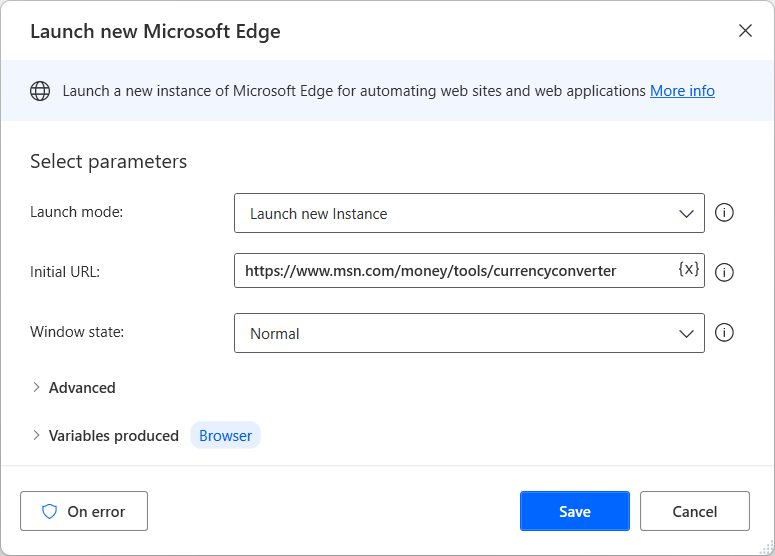 Screenshot der Aktion „Neuen Microsoft Edge starten“.