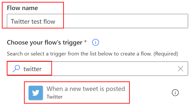 Ihren Flow nennen und nach dem Twitter-Trigger suchen.