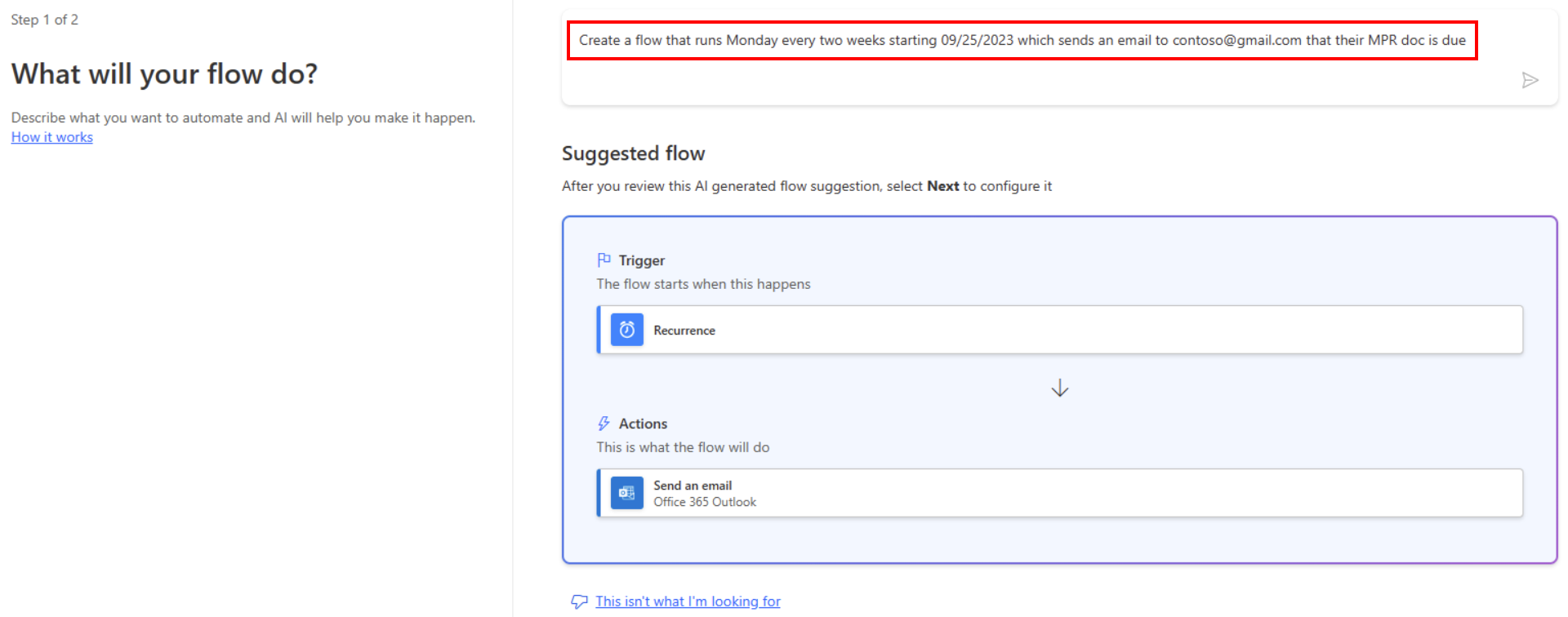 Screenshot einer Eingabeaufforderung zum Erstellen eines geplanten Flows.