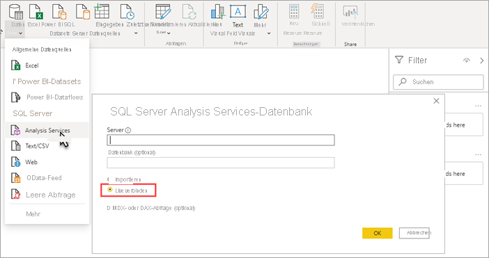 Screenshot: Power BI Desktop Analysis Services ausgewählt ist. Live verbinden ist im Dialogfeld Analysis Services-Datenbank hervorgehoben.