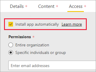 Screenshot des Power BI-Verwaltungsportals mit ausgewählter Option „App automatisch installieren“