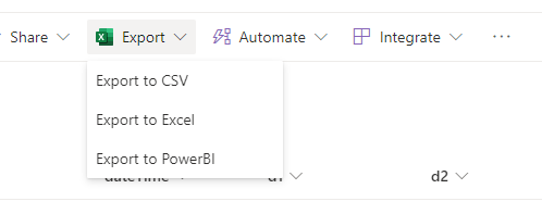 Screenshot showing Export to Power BI option in SharePoint Export menu.