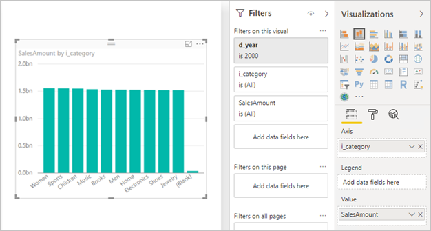 Screenshot of a Power BI Desktop stacked column chart that displays sales amount by category.