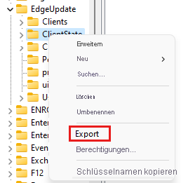 Screenshot of Registry Editor showing the context menu with Export highlighted.