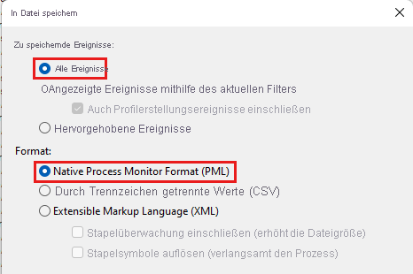 Screenshot of Process Monitor Save to File dialog with All events and Native Process Monitor Format (PML) highlighted.