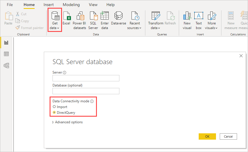 Optionen „Import“ und „DirectQuery“ im Dialogfeld „SQL Server-Datenbank“ in Power BI Desktop