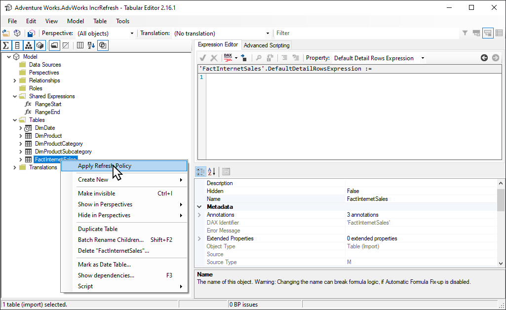 Screenshot show the Tabular Editor with Apply Refresh Policy selected.
