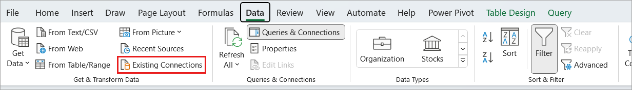 Screenshot that shows the Existing Connections button.