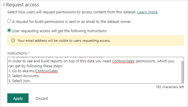 Screenshot of the Request access configuration dialog in the dataset settings.