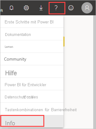 Screenshot shows the question mark where you can determine your Power BI tenant location.